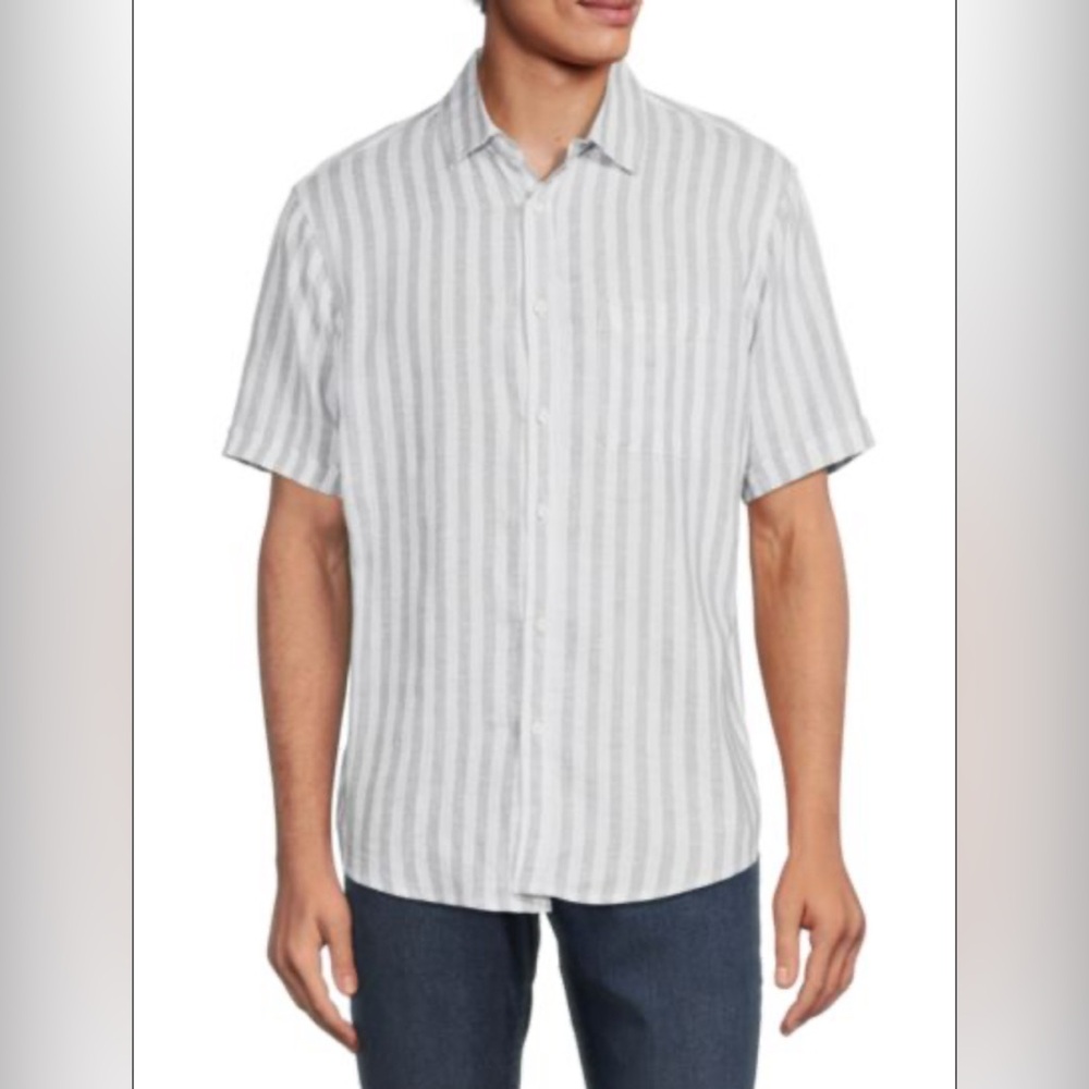 Saks Fifth Avenue Men's Linen Blend Button Down Shirt M Blue White Stripe NWT